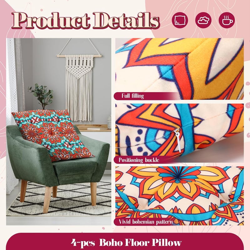 Nuogo 4 Pack Large 22 Inch Bohemian Floor Pillows Square Boho Floor Cushions Seating Pillows for Soft Yoga Meditation Pillow Mandala Pouf for Living Room Tatami Reading Nook(Exquisite) - Image 4